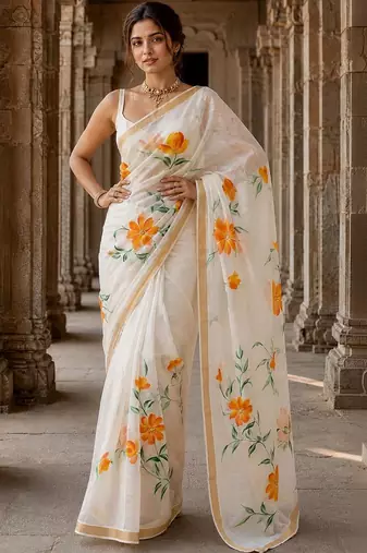 Off white floral linen blend designer block print saree