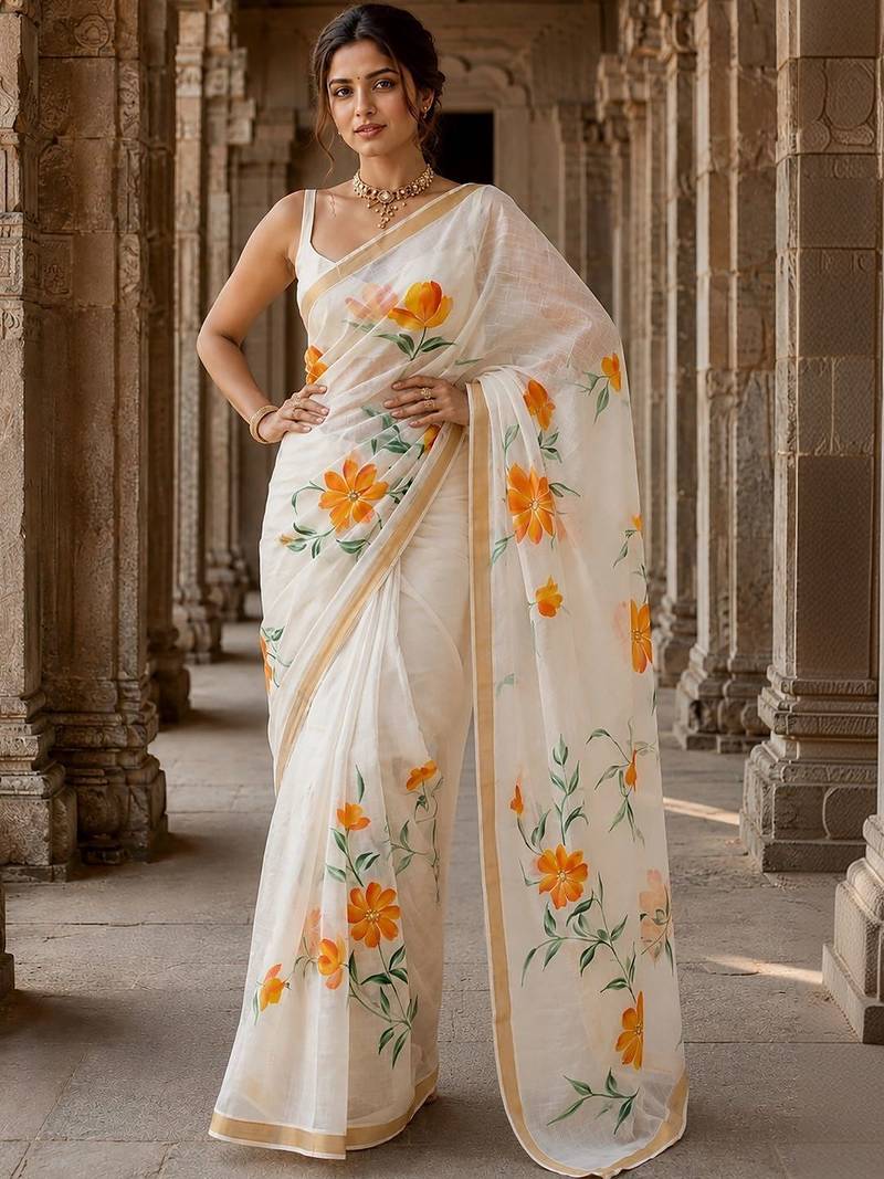 Off white floral linen blend designer block print saree
