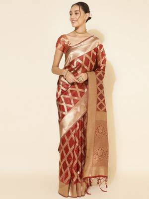 Maroon woven design zari organza saree 2
