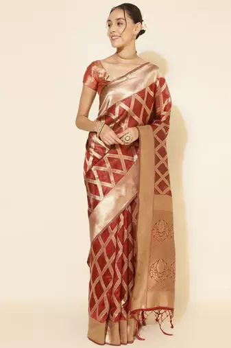 Maroon woven design zari organza saree