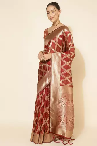 Maroon woven design zari organza saree