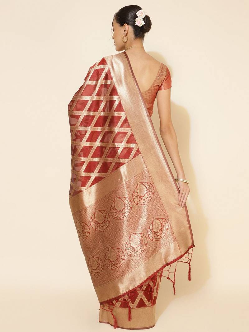 Maroon woven design zari organza saree