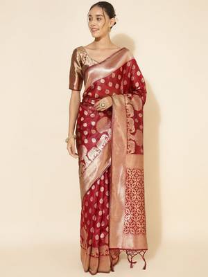 Maroon maroon organza  ethnic motifs saree with unstitched blouse piece 1