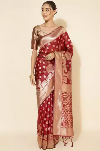Maroon maroon organza  ethnic motifs saree with unstitched blouse piece