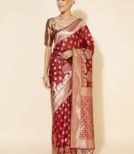 Maroon maroon organza  ethnic motifs saree with unstitched blouse piece