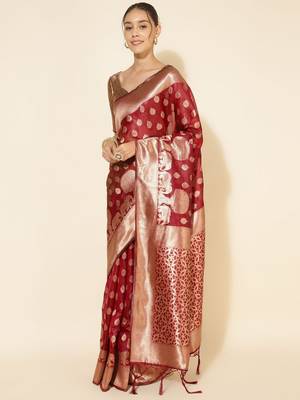 Maroon maroon organza  ethnic motifs saree with unstitched blouse piece 2