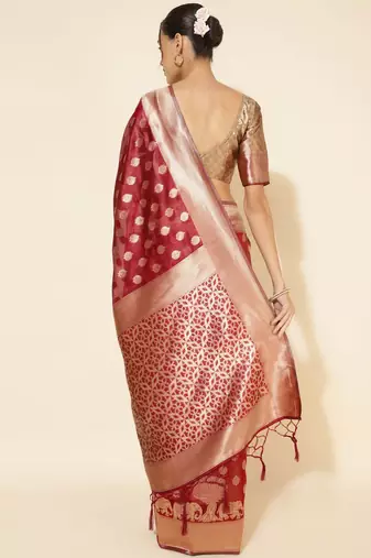 Maroon maroon organza  ethnic motifs saree with unstitched blouse piece