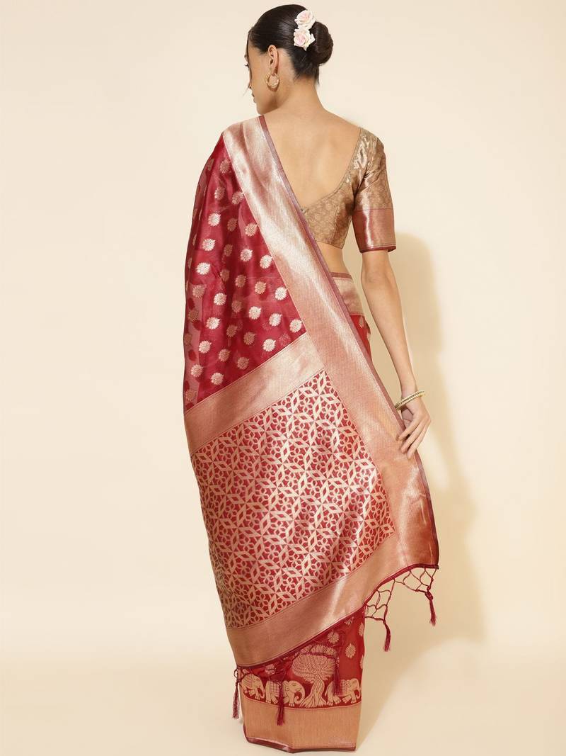 Maroon maroon organza  ethnic motifs saree with unstitched blouse piece