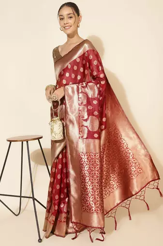 Maroon maroon organza  ethnic motifs saree with unstitched blouse piece
