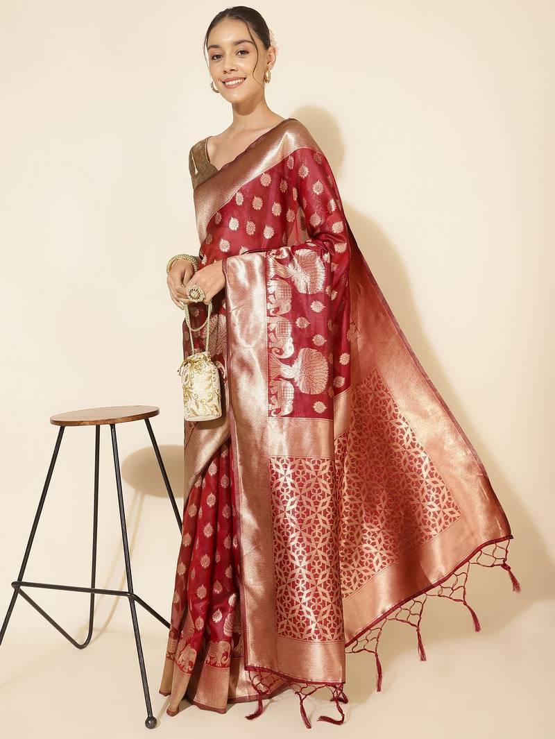 Maroon maroon organza  ethnic motifs saree with unstitched blouse piece