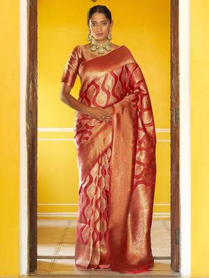 Red woven design zari organza kanjeevaram saree 1