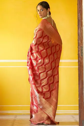 Red woven design zari organza kanjeevaram saree