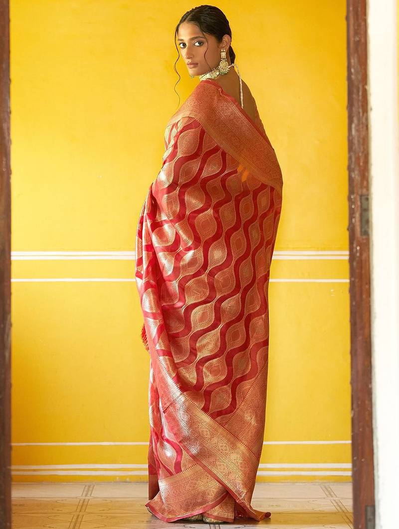 Red woven design zari organza kanjeevaram saree