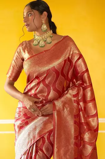 Red woven design zari organza kanjeevaram saree