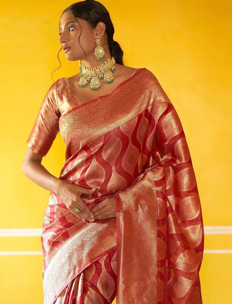 Red woven design zari organza kanjeevaram saree