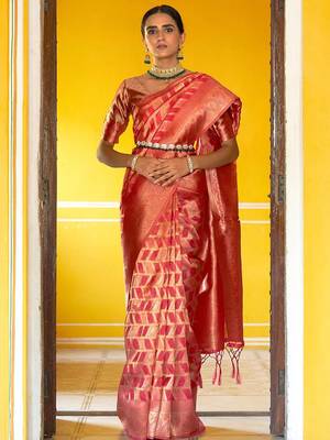 Pink pink organza  geometric design saree with unstitched blouse piece 1