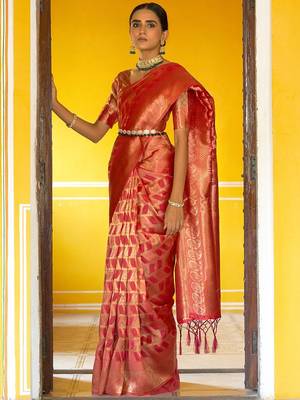 Pink pink organza  geometric design saree with unstitched blouse piece 2