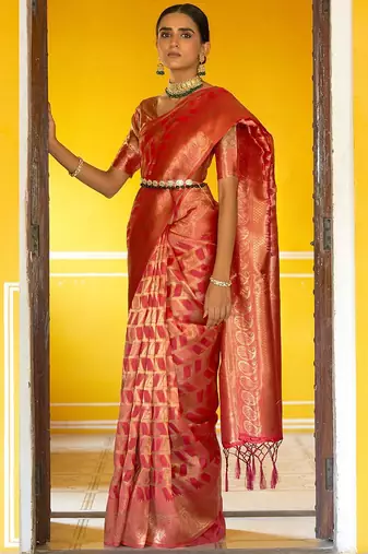 Pink pink organza  geometric design saree with unstitched blouse piece