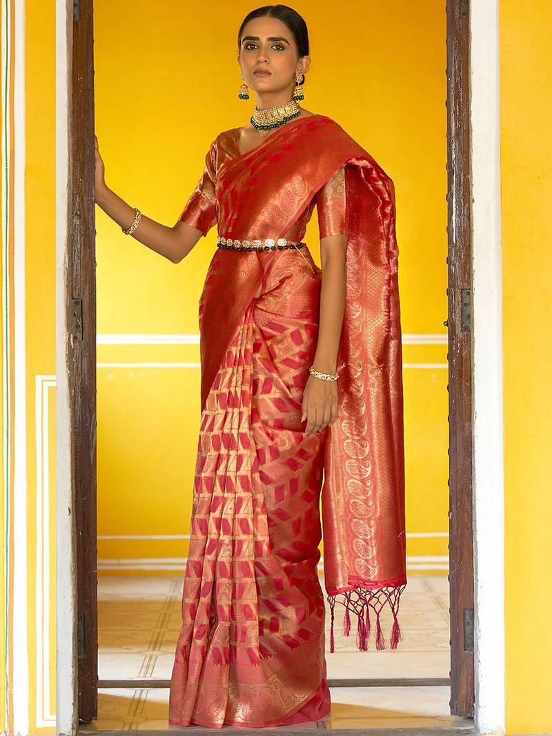 Pink pink organza  geometric design saree with unstitched blouse piece