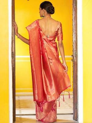 Pink pink organza  geometric design saree with unstitched blouse piece 3