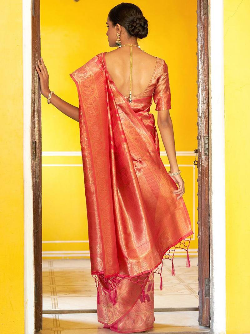 Pink pink organza  geometric design saree with unstitched blouse piece
