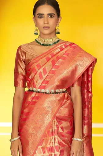 Pink pink organza  geometric design saree with unstitched blouse piece