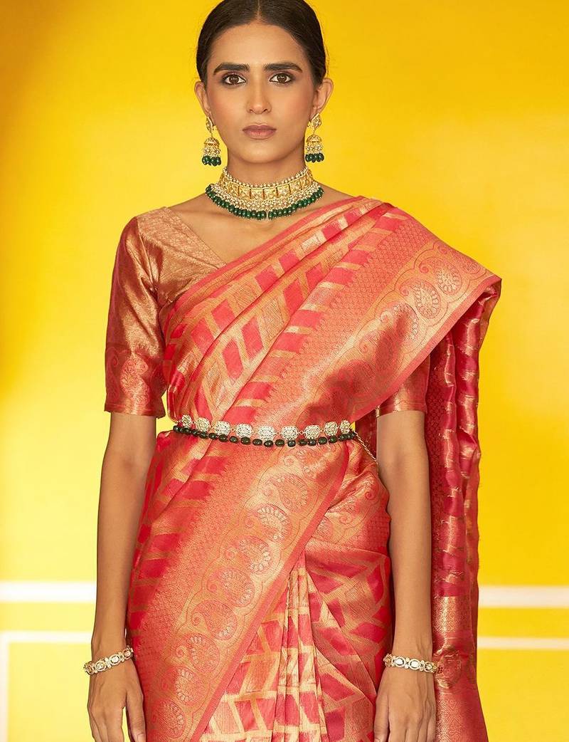 Pink pink organza  geometric design saree with unstitched blouse piece