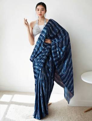 Navy blue striped saree with blouse piece 1
