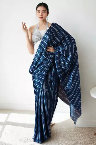 Navy blue striped saree with blouse piece