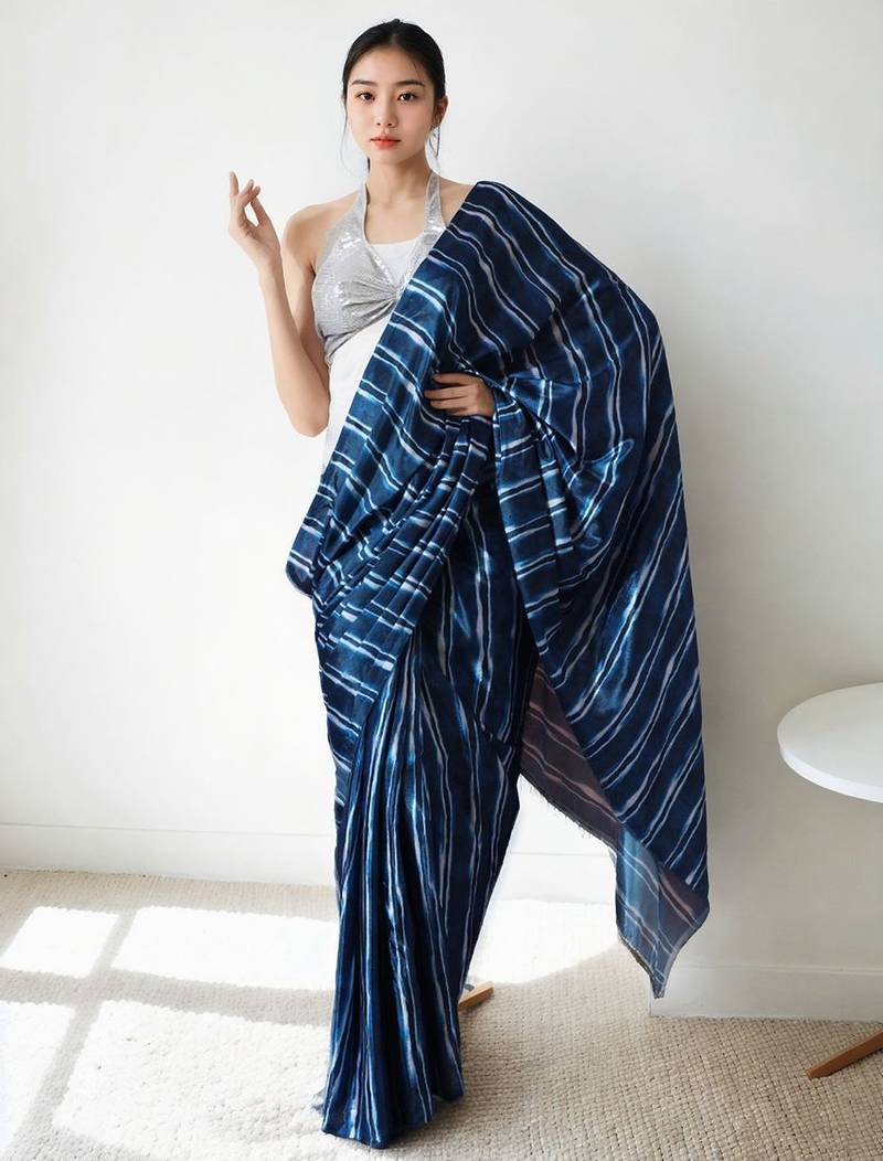 Navy blue striped saree with blouse piece