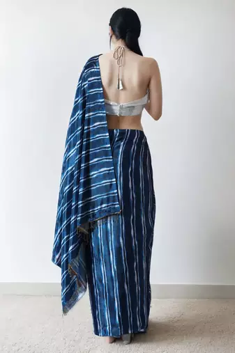 Navy blue striped saree with blouse piece