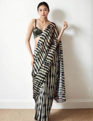 Cream striped silk blend saree 1