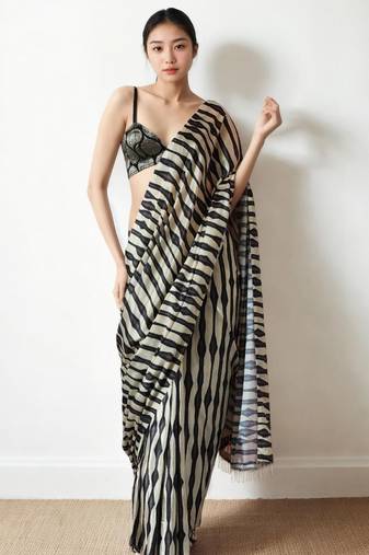 Cream striped silk blend saree