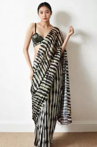Cream striped silk blend saree