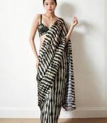 Cream striped silk blend saree