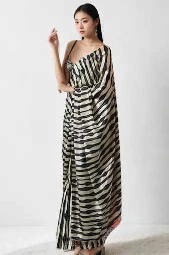 Cream striped silk blend saree