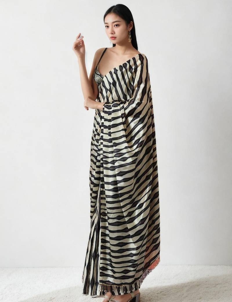 Cream striped silk blend saree