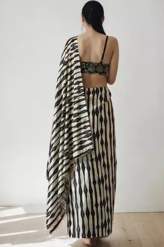 Cream striped silk blend saree