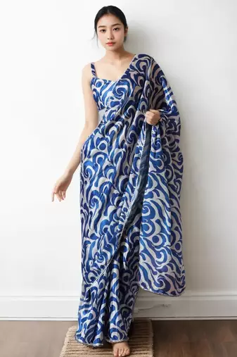 White abstract printed ready to wear saree