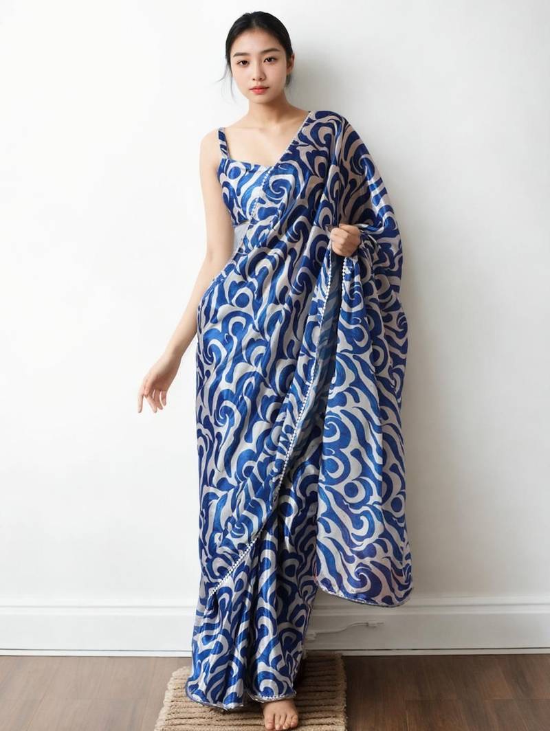 White abstract printed ready to wear saree