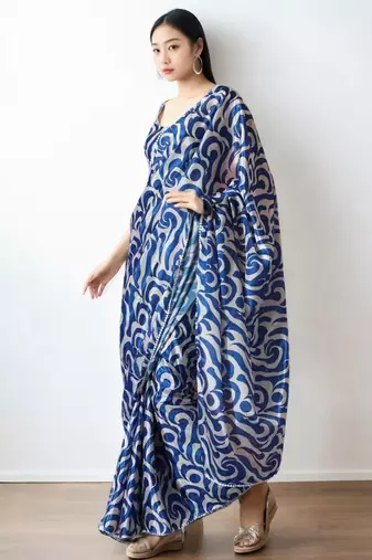 White abstract printed ready to wear saree