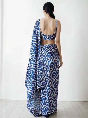 White abstract printed ready to wear saree 3