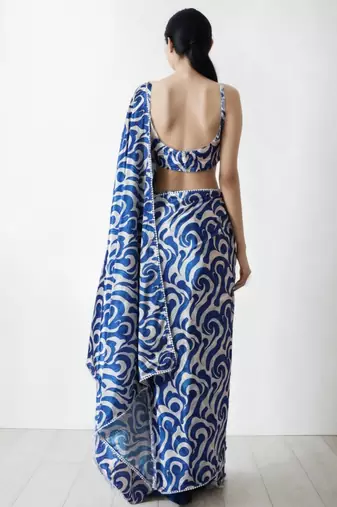 White abstract printed ready to wear saree