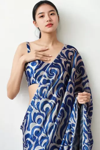 White abstract printed ready to wear saree