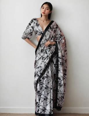 White floral print monochrome saree with unstitched blouse piece 1