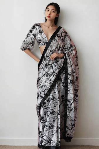 White floral print monochrome saree with unstitched blouse piece