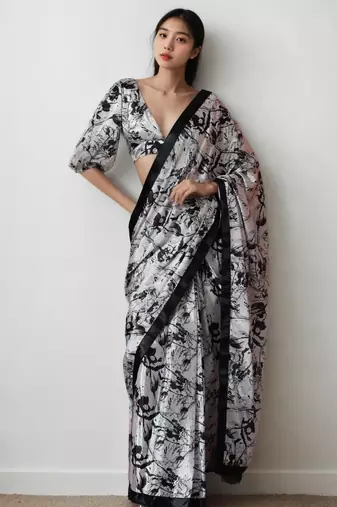 White floral print monochrome saree with unstitched blouse piece