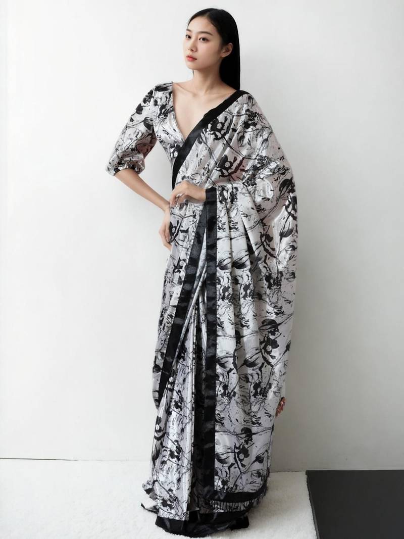White floral print monochrome saree with unstitched blouse piece