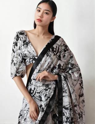 White floral print monochrome saree with unstitched blouse piece 4