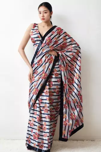 Peach floral printed ready to wear saree